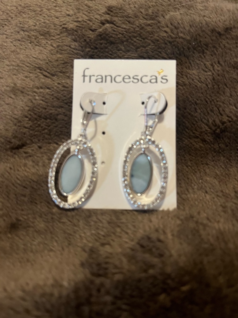 Francesca's Collections Silver Oval Drop Earrings with Pale Blue Center Stones